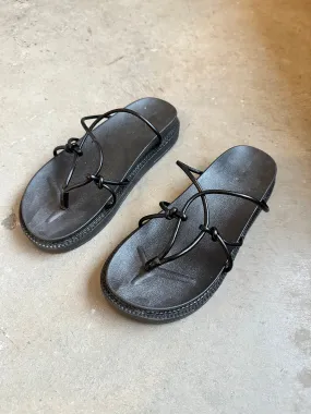 Black Leather Geometric Thong Sandals