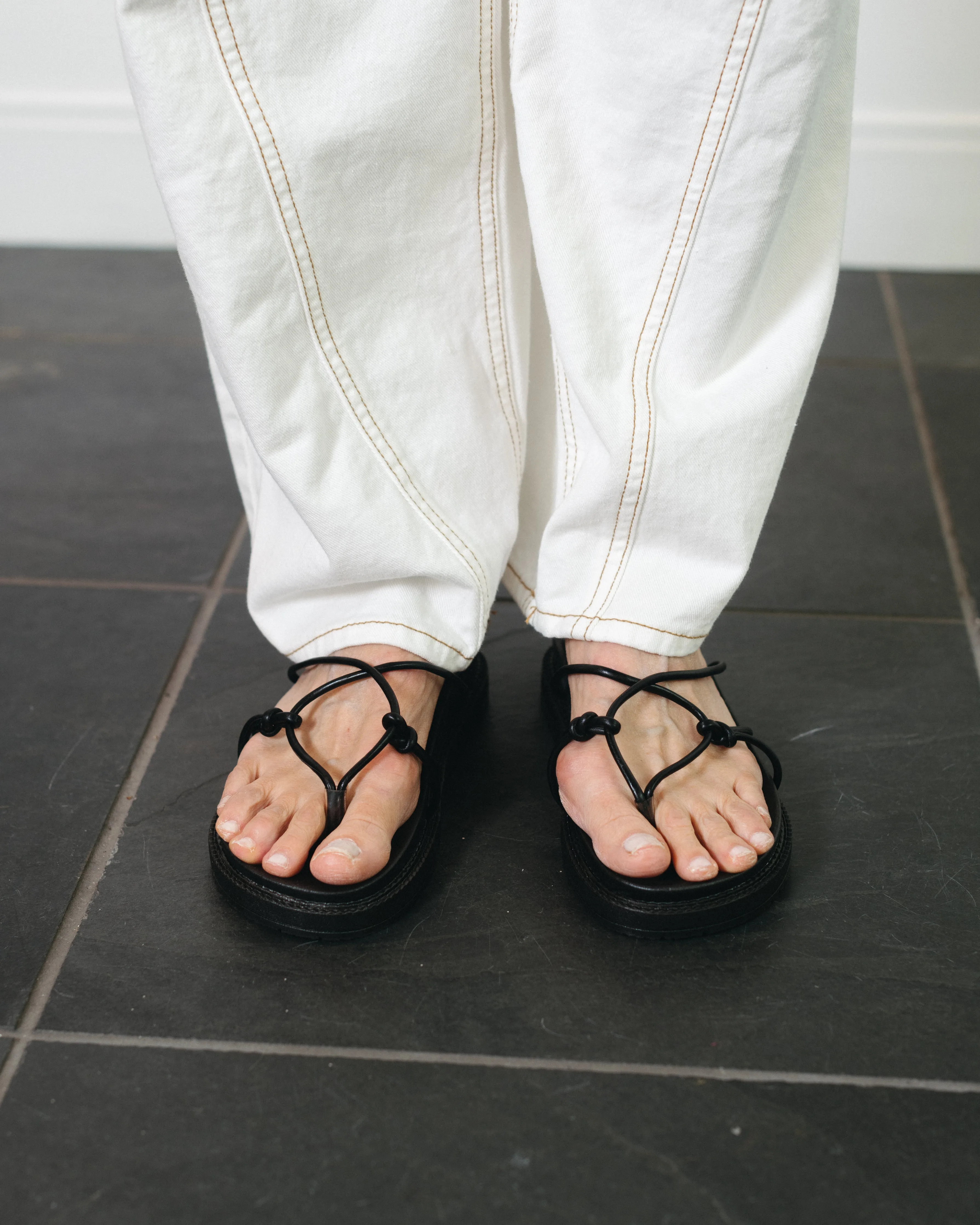 Black Leather Geometric Thong Sandals