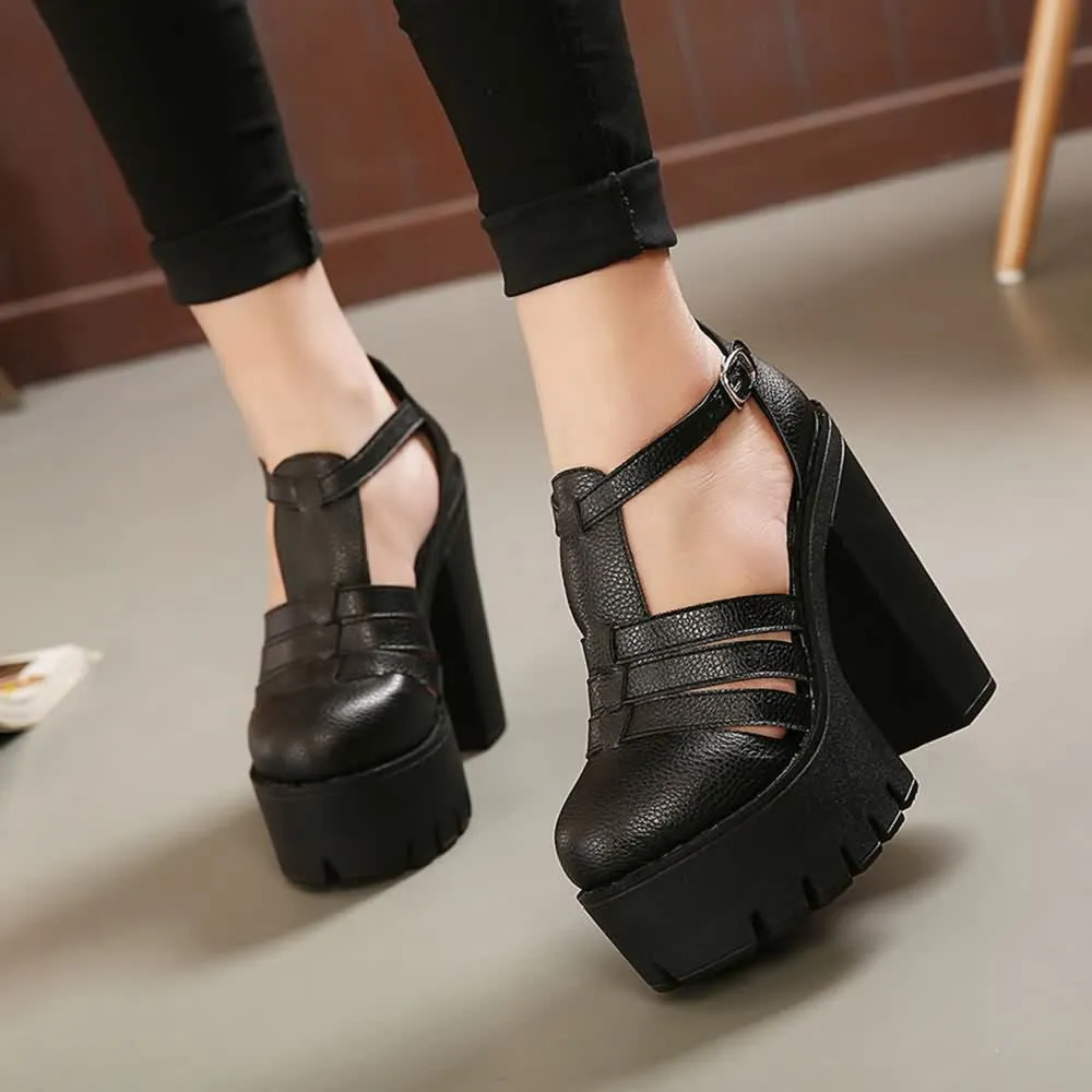Black Strappy Chunky Platform Block Heel Sandals
