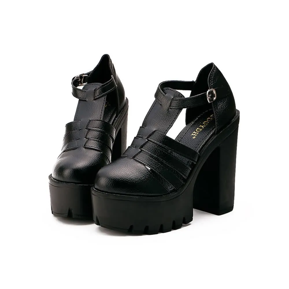 Black Strappy Chunky Platform Block Heel Sandals