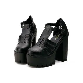 Black Strappy Chunky Platform Block Heel Sandals