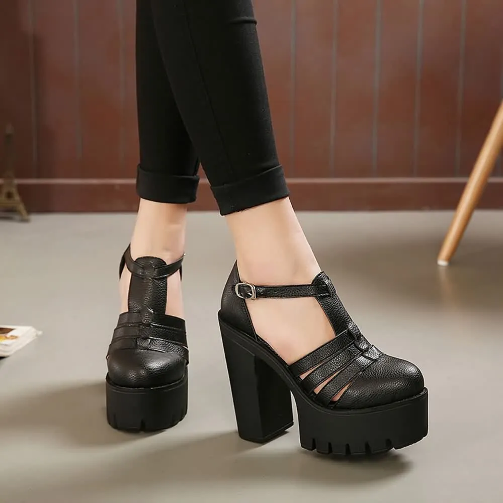 Black Strappy Chunky Platform Block Heel Sandals