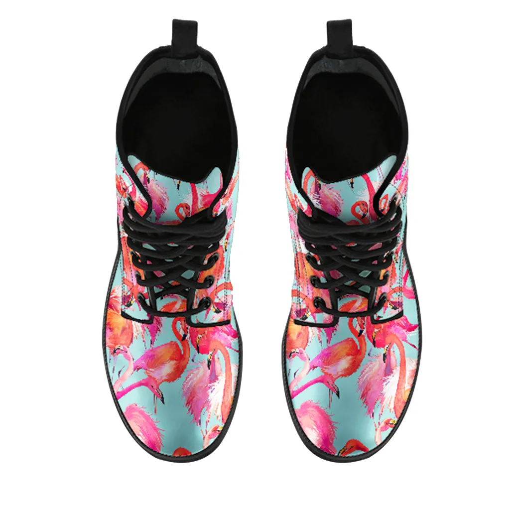 Handcrafted Pretty Flamingo Women's Vegan Leather Combat Boots