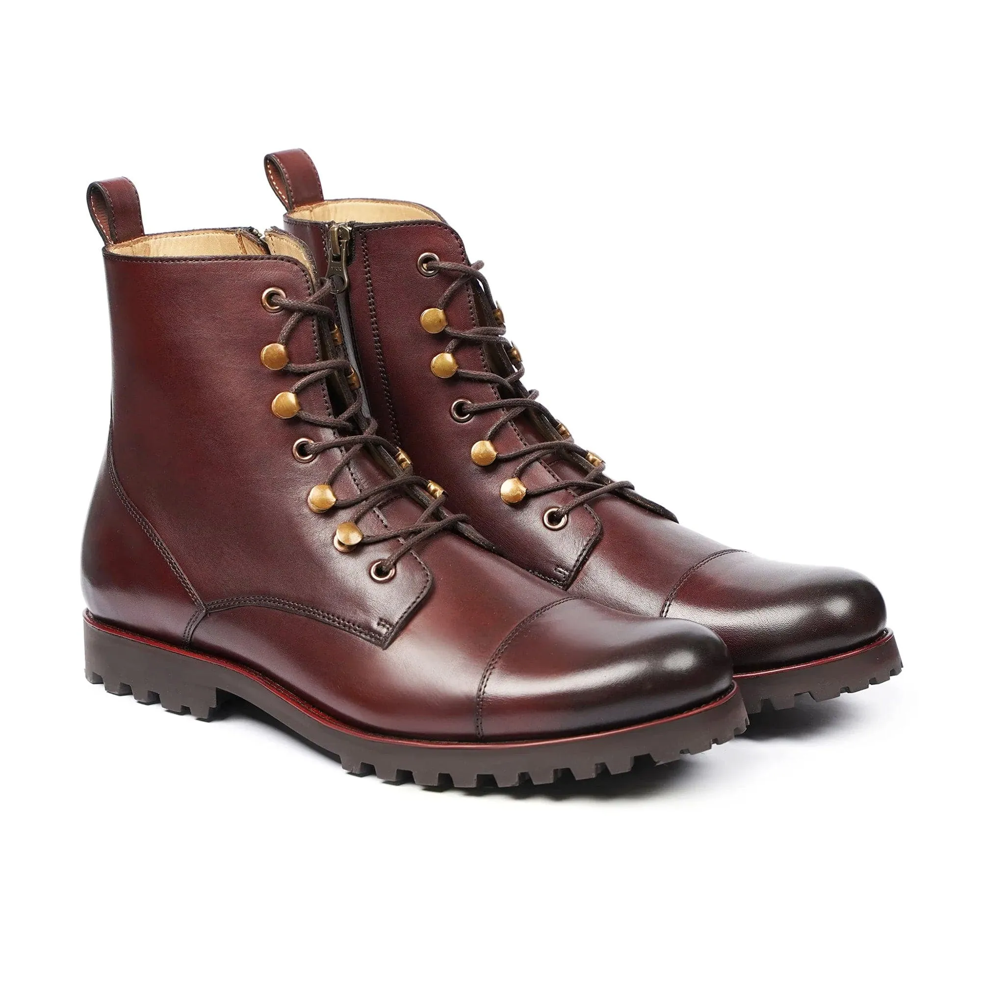 Handmade Custom Burnished Brown Calf Leather Boots For Men