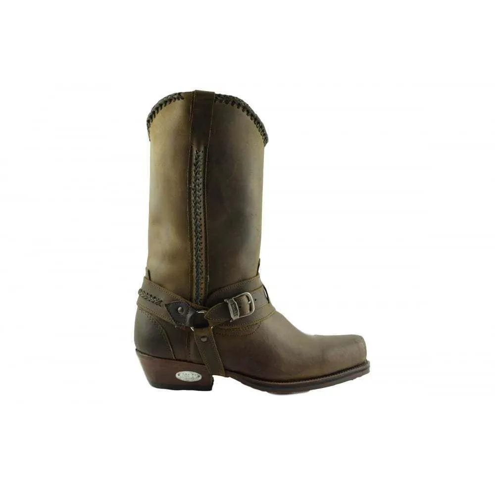 Loblan 548 Brown Waxy Leather Mens Cowboy Boots Classic Biker Square Chisel Toe
