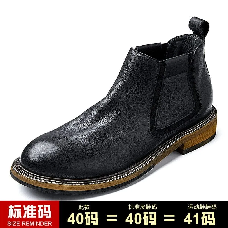 Men's Chelsea Retro Slip-on Low Ankle Cowhide Ankle Boots