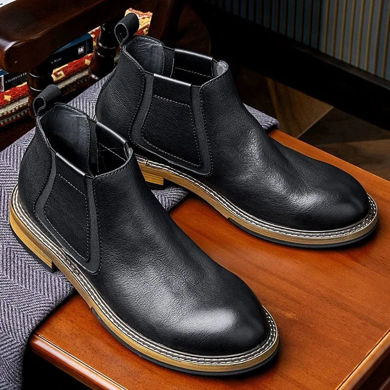 Men's Chelsea Retro Slip-on Low Ankle Cowhide Ankle Boots