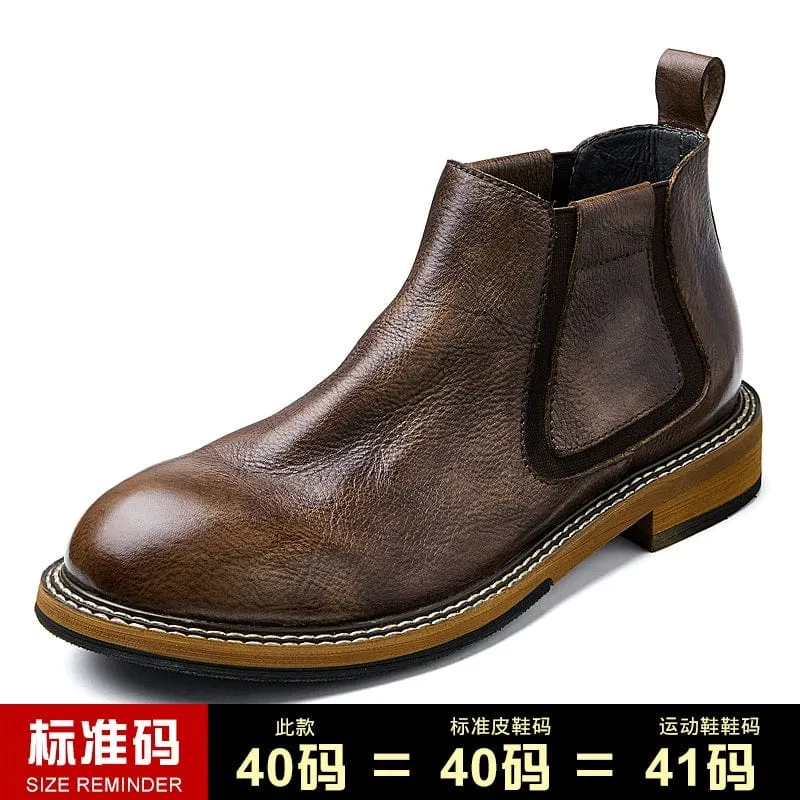 Men's Chelsea Retro Slip-on Low Ankle Cowhide Ankle Boots