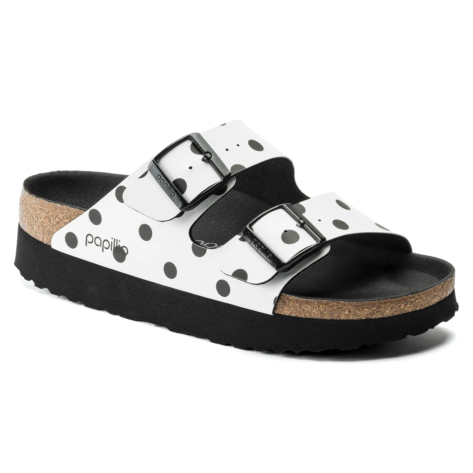 Women's Birkenstock Papillio Arizona Platform Birko-Flor Color: White Black Dots